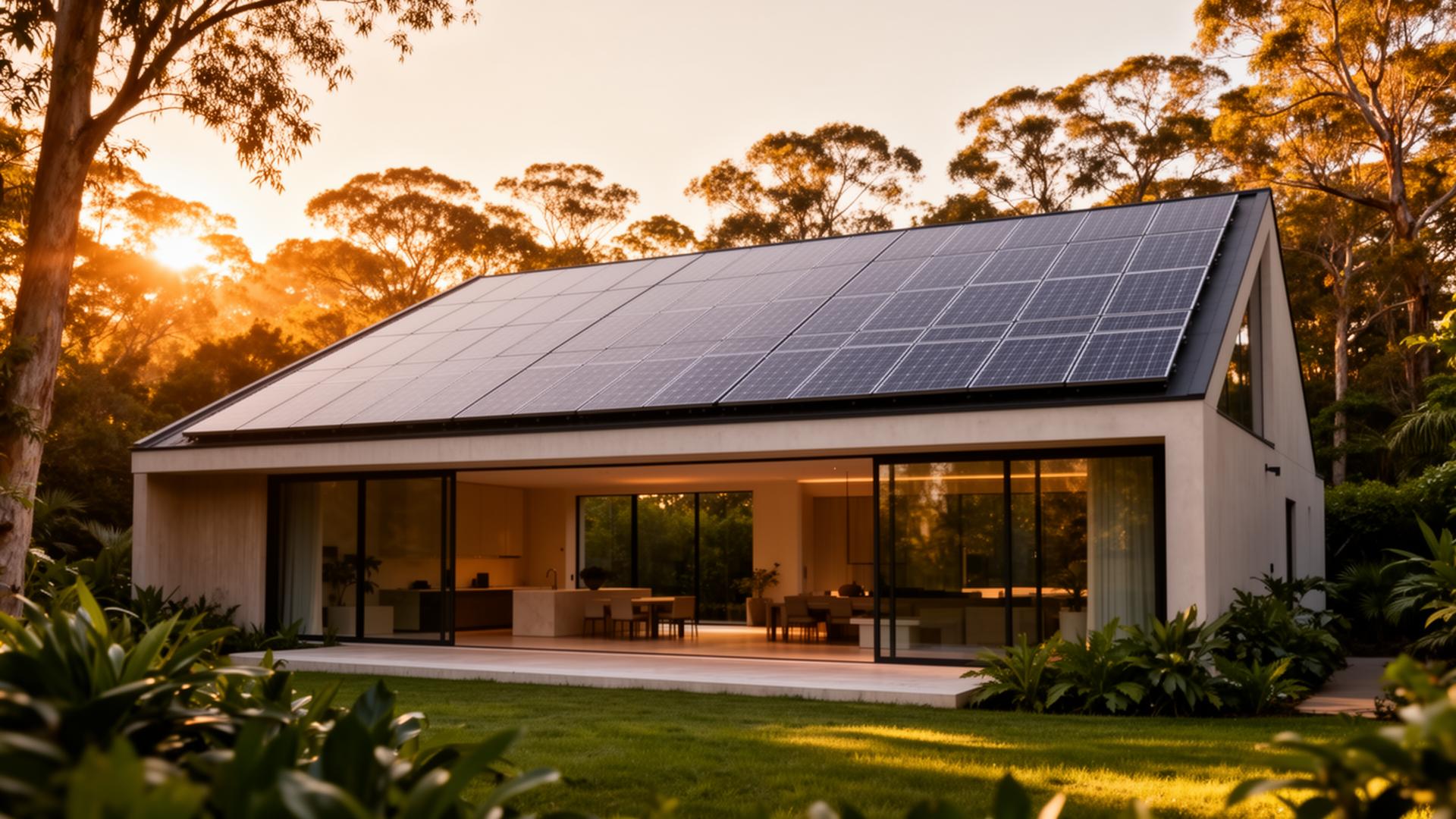 Modern eco-friendly home with rooftop solar panels at golden hour